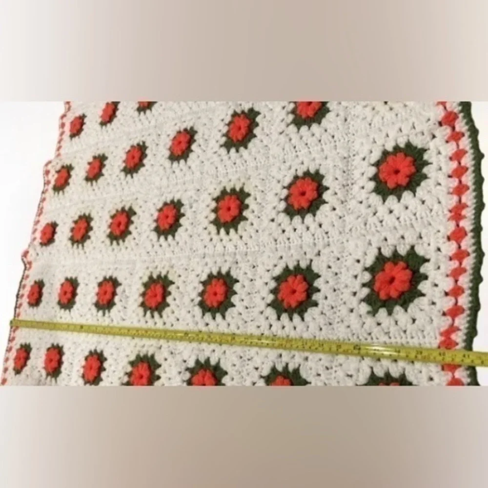 Granny Square Blanket 71”x41” White Green Pink Roses Rosette Crochet Afghan